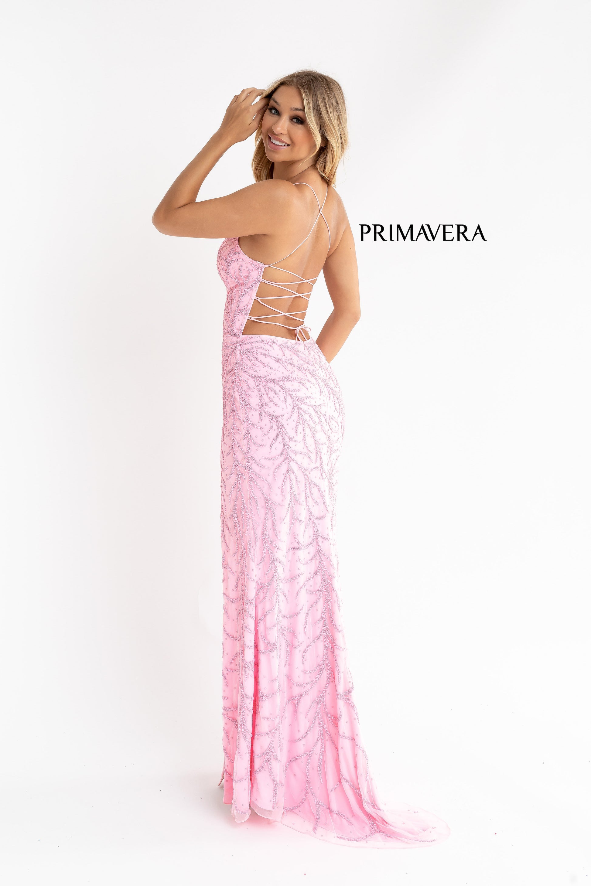 Primavera Style#3636, Beaded Strap Back Gown, beaded,Fit and Flare,Floor Length,Open Back,Sequin,sleeveless,Strap Back,V-Neck, $650.00