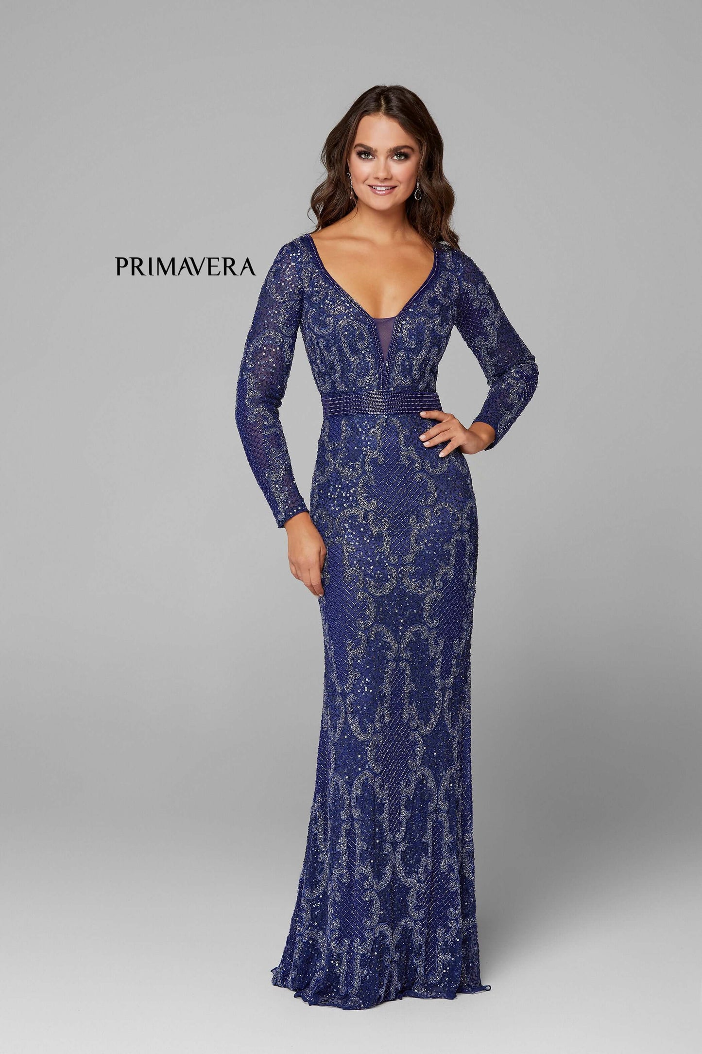 Primavera Style#3676, Fit&Flare Beaded Evening Gown, beaded,Floor Length,long sleeve,Sequin,Sheath, $850.00