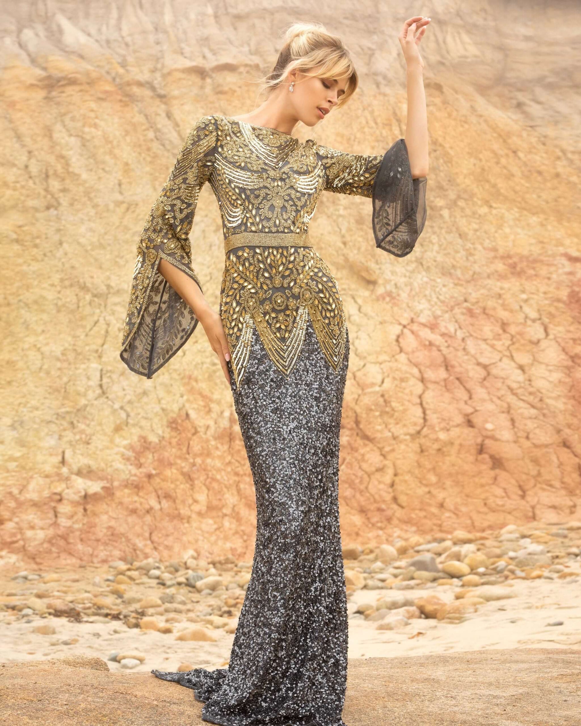 Primavera Style#3680, Bell Sleeve Beaded Evening Gown, , $750.00