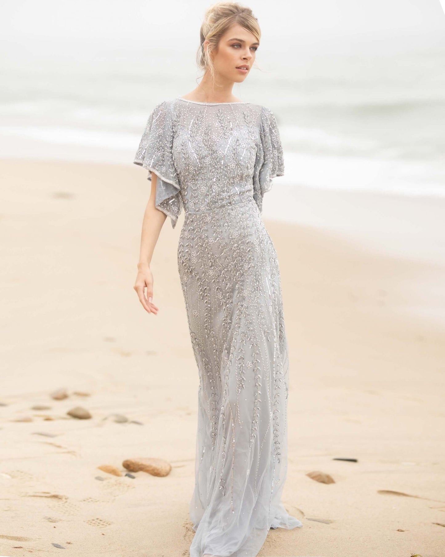 Primavera Style#3681, Short Sleeve Beaded Gown, beaded,Bell Sleeve,Fit and Flare,Floor Length,Open Back,Sequin,Short Sleeve, $775.00