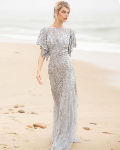 Primavera Style#3681, Short Sleeve Beaded Gown, beaded,Bell Sleeve,Fit and Flare,Floor Length,Open Back,Sequin,Short Sleeve, $775.00