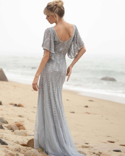 Primavera Style#3681, Short Sleeve Beaded Gown, beaded,Bell Sleeve,Fit and Flare,Floor Length,Open Back,Sequin,Short Sleeve, $775.00