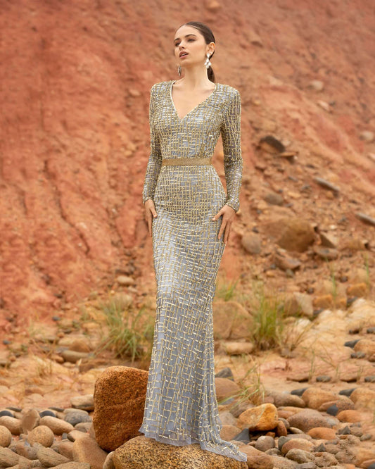 Primavera Style#3684, Geometric Pattern Sequin Gown, Floor Length,long sleeve,Sequin,Sheath,V-Neck, $650.00