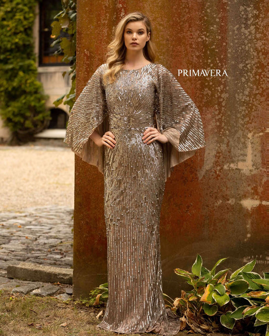 Primavera Style#3687, Cape Sleeve Sequin Gown, Cape Sleeves,Fit and Flare,Floor Length,Sequin, $850.00