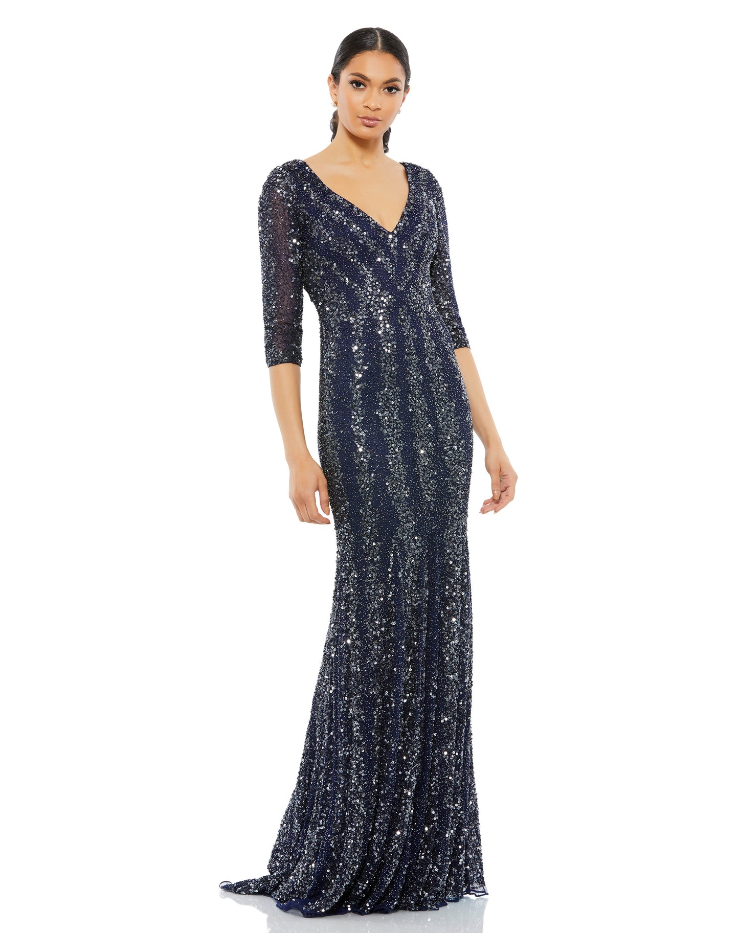 Mac Duggal Style#4247, Three-Quarter Sleeve Embellished Gown, Fit and Flare,Floor Length,Open Back,SALE,Sequin,Three Quarter Sleeve,V-Neck, $700.00