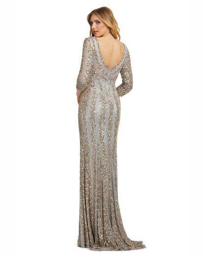 Mac Duggal Style#4247, Three-Quarter Sleeve Embellished Gown, Fit and Flare,Floor Length,Open Back,SALE,Sequin,Three Quarter Sleeve,V-Neck, $850.00