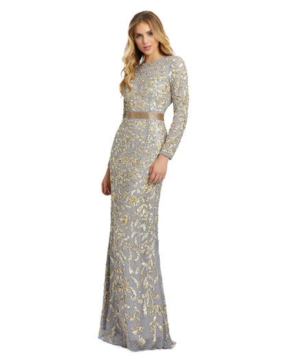 This beaded beauty is a dream-come-true dress. Mac Duggal translates your fantasies on a spellbinding gown made with thousands of seed beads and metallic sequins. The gown is cut in a column silhouette with fitted long sleeves, a decorative illusion bodic