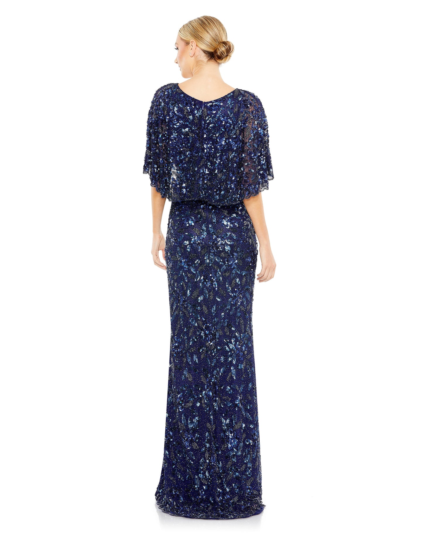 Gorgeous evening gown with flounce sleeves and sequins. Mac Duggal Partially Lined Back Zipper 100% Polyester Bell Sleeve Maxi & Floor Length V-Neck Style #4574