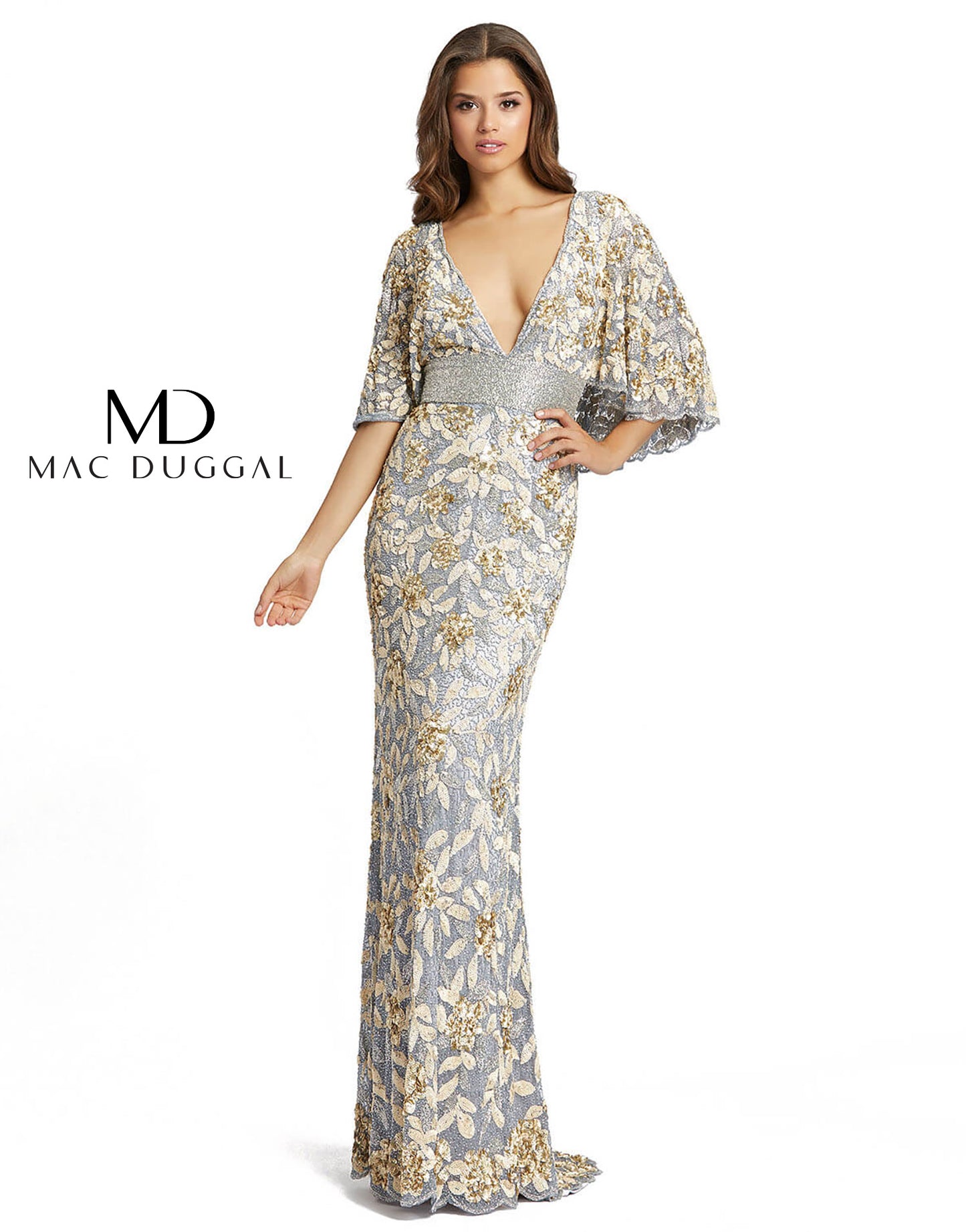 Gorgeous evening gown with flounce sleeves and sequins. Mac Duggal Partially Lined Back Zipper 100% Polyester Bell Sleeve Maxi & Floor Length V-Neck Style #4574