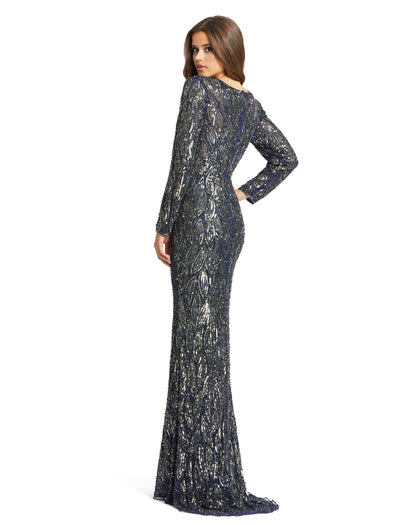 Fully Sequined long sleeve evening gown with hand-beaded patterns and a plunging v-neck. Mac Duggal Fully lined Back Zipper 100% Polyester Long Sleeve Full Length Illusion Plunging V-Neck Style #4578