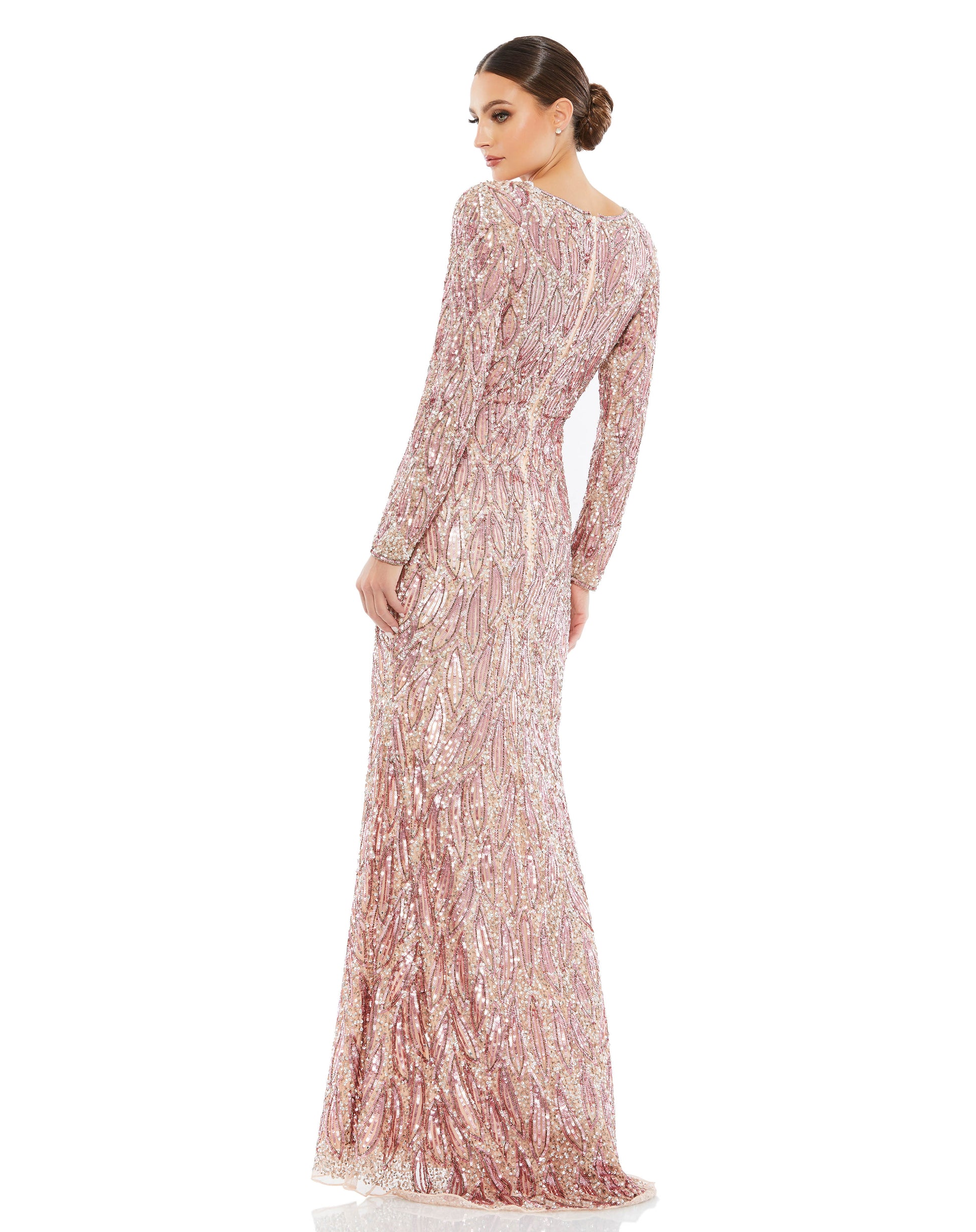 Fully Sequined long sleeve evening gown with hand-beaded patterns and a plunging v-neck. Mac Duggal Fully lined Back Zipper 100% Polyester Long Sleeve Full Length Illusion Plunging V-Neck Style #4578