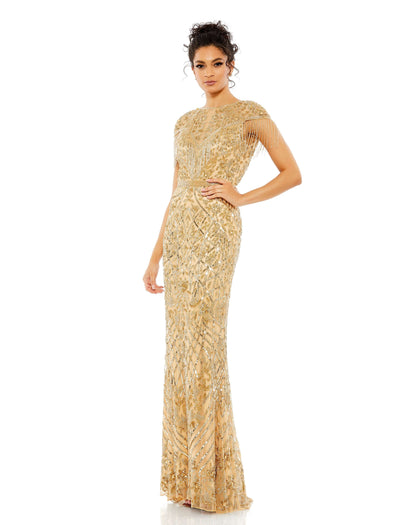 Mac Duggal Style#4715, Embellished Short Sleeve Gown W/ Beaded Fringe, beaded,Floor Length,SALE,Sequin,Sheath,Short Sleeve, $850.00