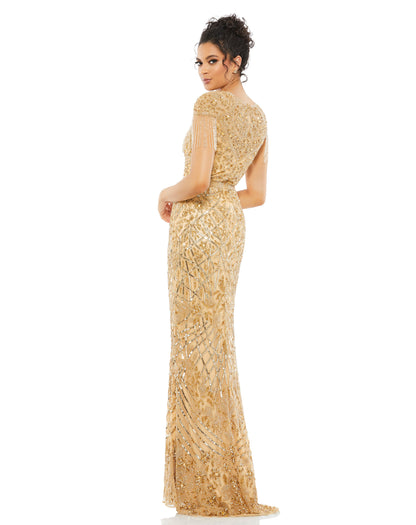 Fully-embellished hand-beaded column gown with semi-sheer mesh yoke and shoulders, beautiful beaded fringe, and a beaded belt at the natural waist. Mac Duggal Back Zipper 100% Polyester Full Length Cap Sleeve High Neck Style #4715