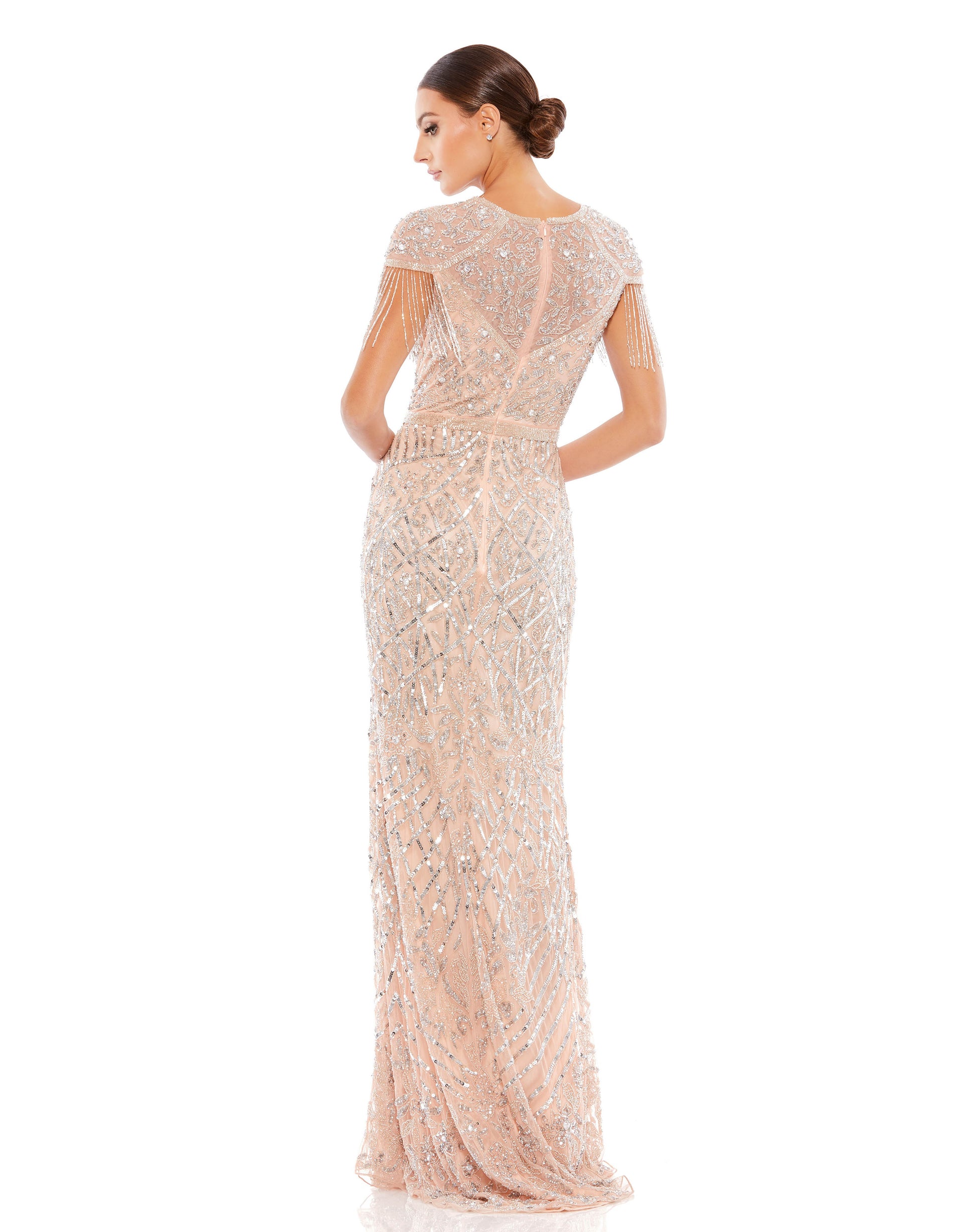 Fully-embellished hand-beaded column gown with semi-sheer mesh yoke and shoulders, beautiful beaded fringe, and a beaded belt at the natural waist. Mac Duggal Back Zipper 100% Polyester Full Length Cap Sleeve High Neck Style #4715