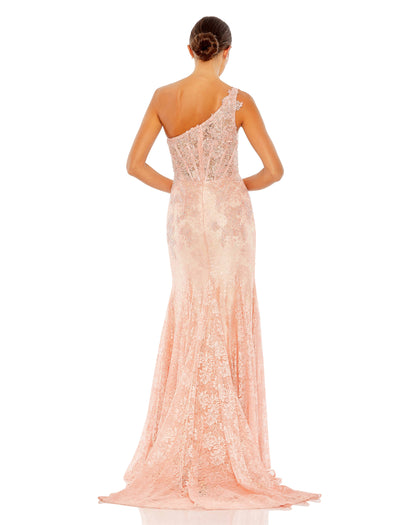 One-Shoulder Lace Bustier Gown
