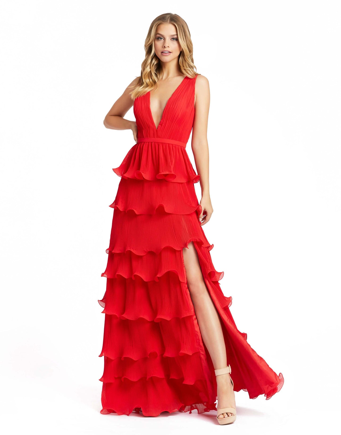 Mac Duggal Style#49054, Sleeveless Ruffle Tiered V Neck Gown, Fit and Flare,Floor Length,Open Back,Ruffles,sleeveless,Slit, $675.00