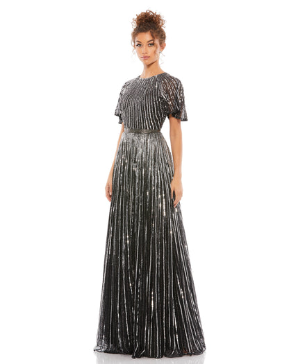 Beautiful hand-embellished ombré sequin gown complete with bell sleeves, a rhinestone belt, and a flowing train. Mac Duggal Fully Lined Back Zipper 100% Polyester Bell Sleeve Full Length Style #4913