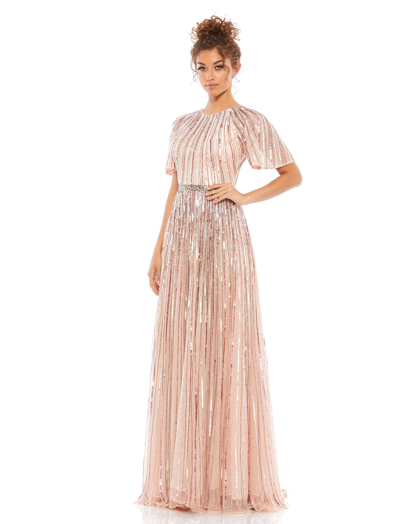 Beautiful hand-embellished ombré sequin gown complete with bell sleeves, a rhinestone belt, and a flowing train. Mac Duggal Fully Lined Back Zipper 100% Polyester Bell Sleeve Full Length Style #4913