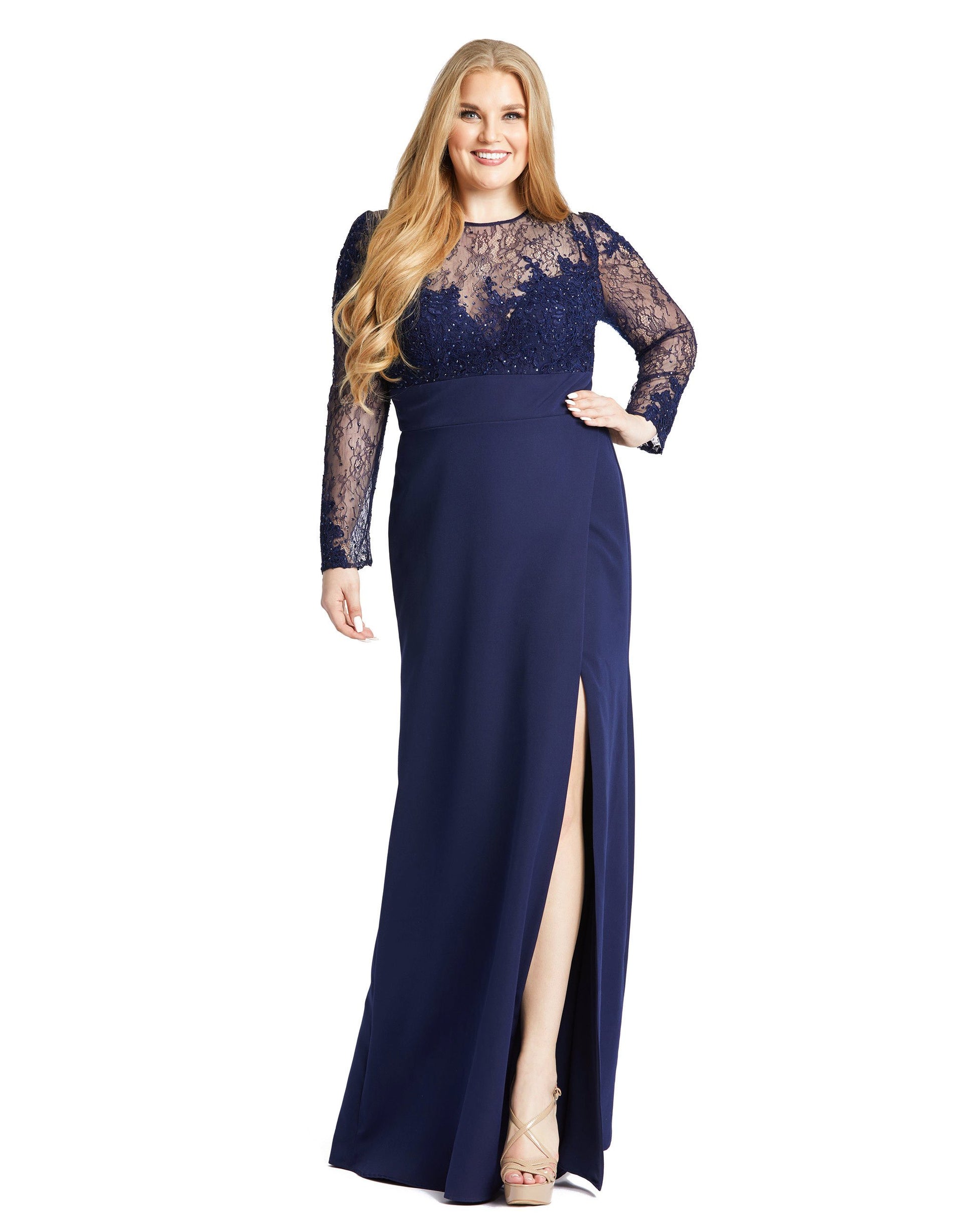 Sexy lace embellished gown on the bodice with sweetheart neckline and thigh-high slit. Mac Duggal Fully Lined Back Zipper 100% Polyester Long Sleeve Full Length Thigh-high slit Style #49173