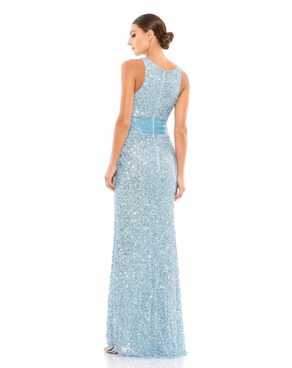 Scalloped Neckline Sequined Evening Gown