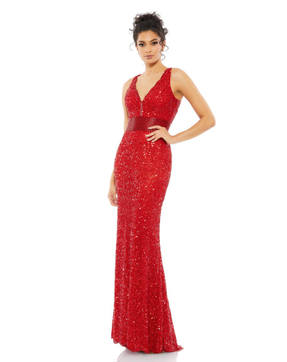 Scalloped Neckline Sequined Evening Gown