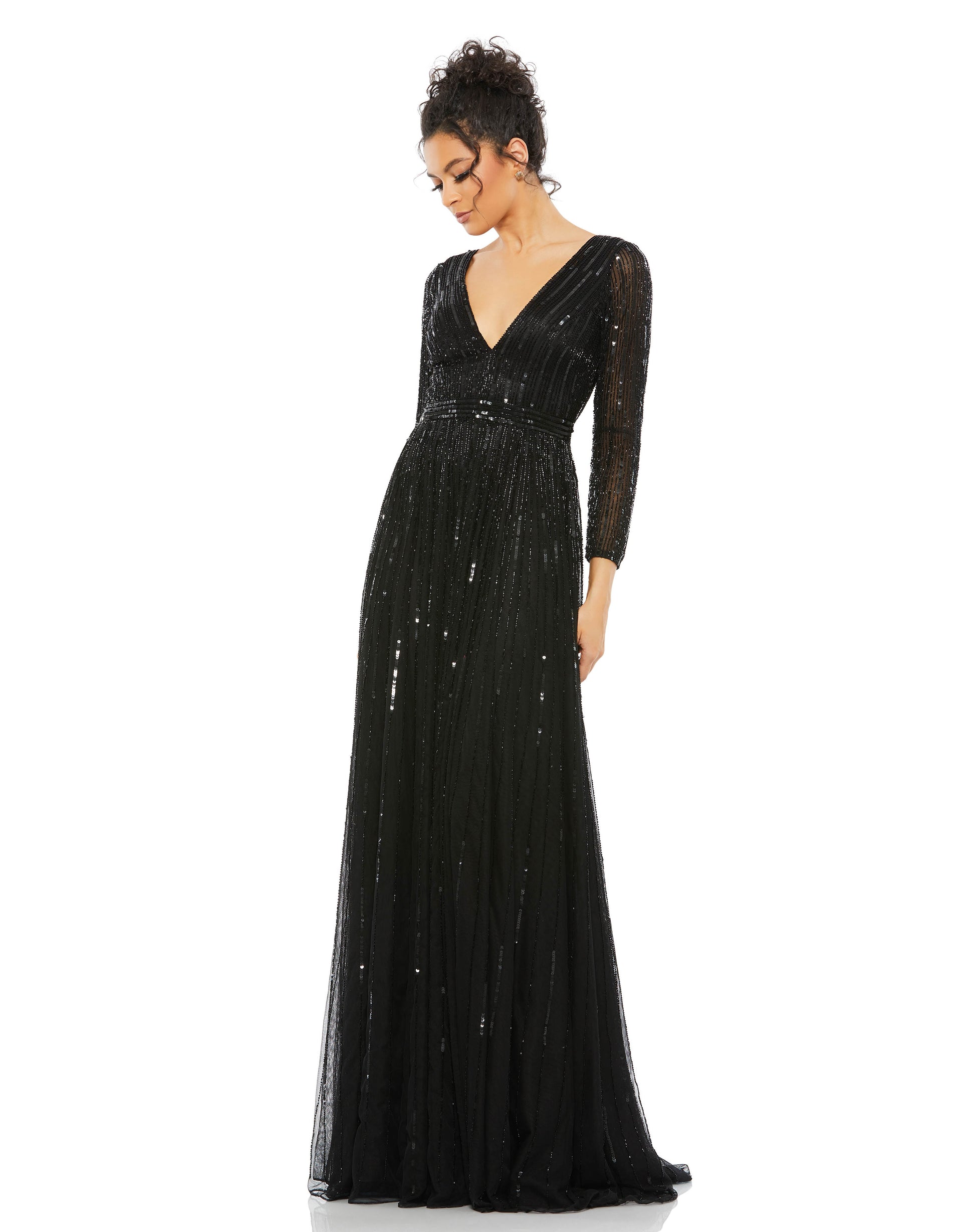 Beautiful long-sleeve evening gown with a plunging v-neckline, cascading sequins throughout, and a sequined belt. Mac Duggal Partially Lined Back Zipper 100% Polyester Long Sleeve Maxi & Floor Length V-Neck Style #4977