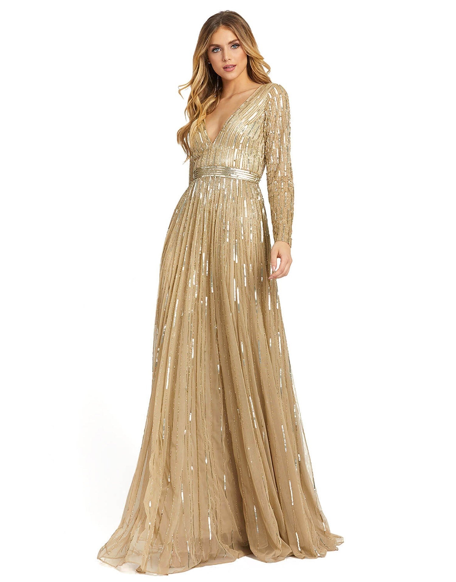 Beautiful long-sleeve evening gown with a plunging v-neckline, cascading sequins throughout, and a sequined belt. Mac Duggal Partially Lined Back Zipper 100% Polyester Long Sleeve Maxi & Floor Length V-Neck Style #4977