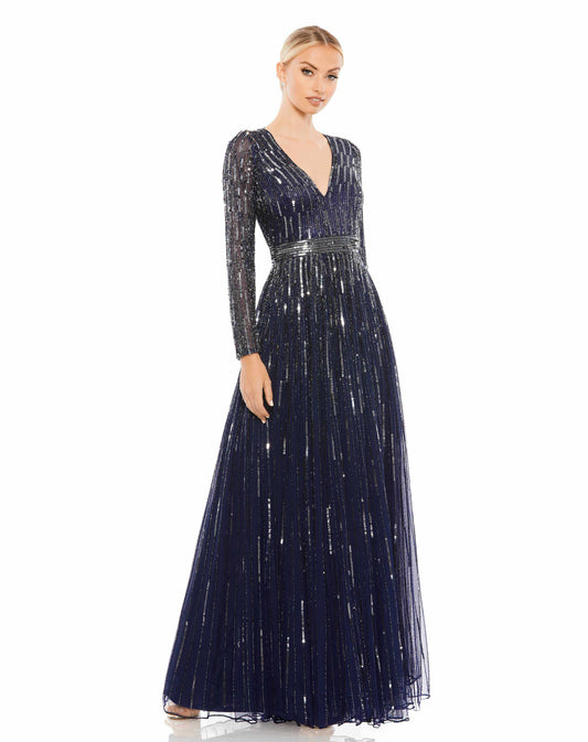 Mac Duggal Style#4977, Sequined Long Sleeve Plunging V-Neck Gown, A line,Floor Length,long sleeve,SALE,Sequin,V-Neck, $850.00