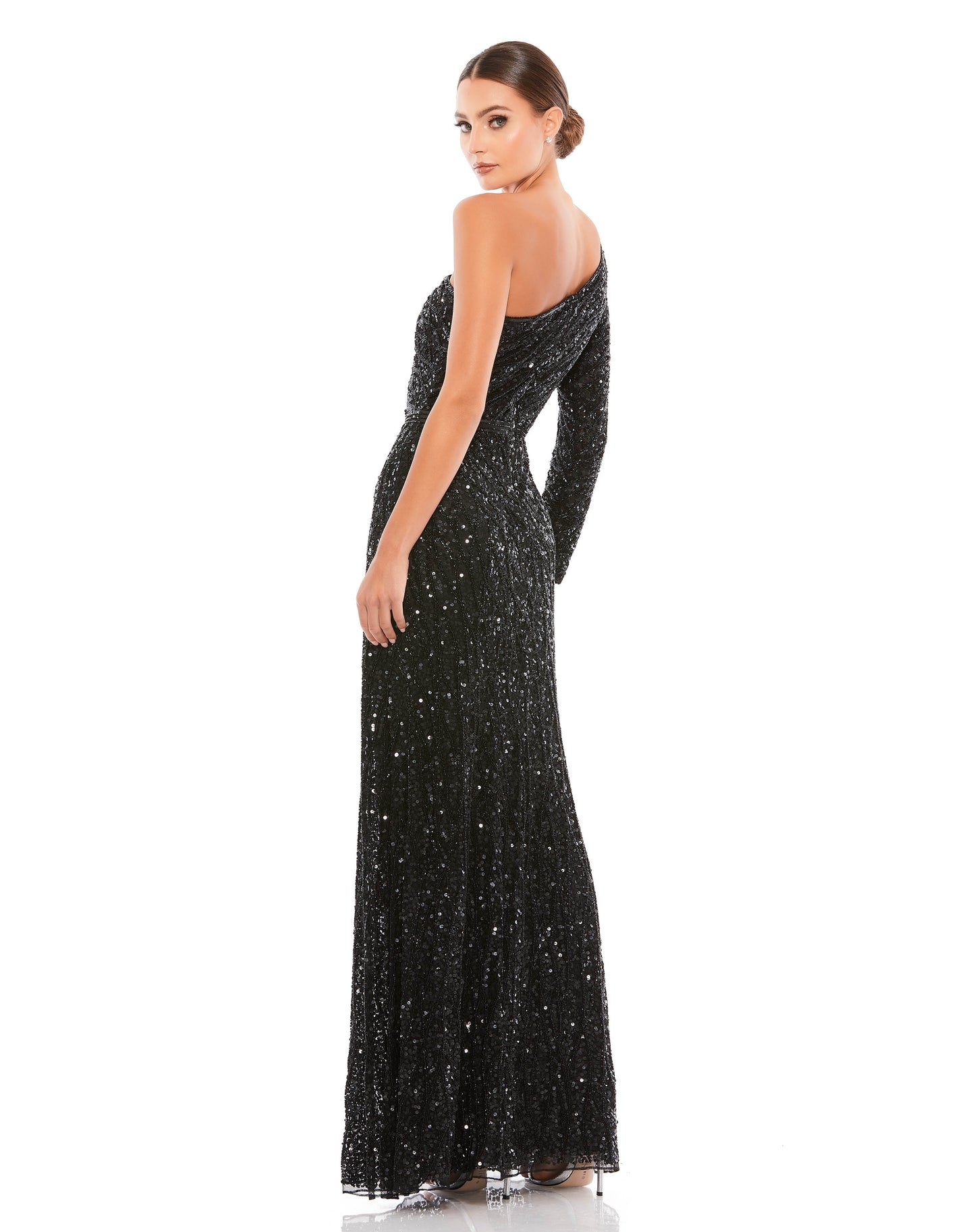 Embellished One Sleeve Gown W/ Sequin Belt