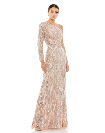 Embellished One Sleeve Gown W/ Sequin Belt