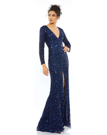 Mac Duggal Style#5002, Embellished Front Slit Long Sleeve Gown, Floor Length,long sleeve,Sequin,Sheath,Slit,V-Neck, $850.00