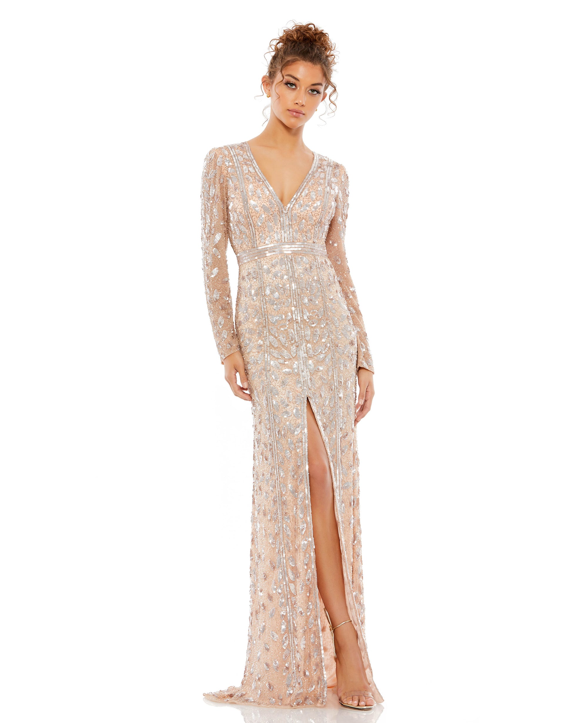 Embellished Front Slit Long Sleeve Gown – Elegant Threads