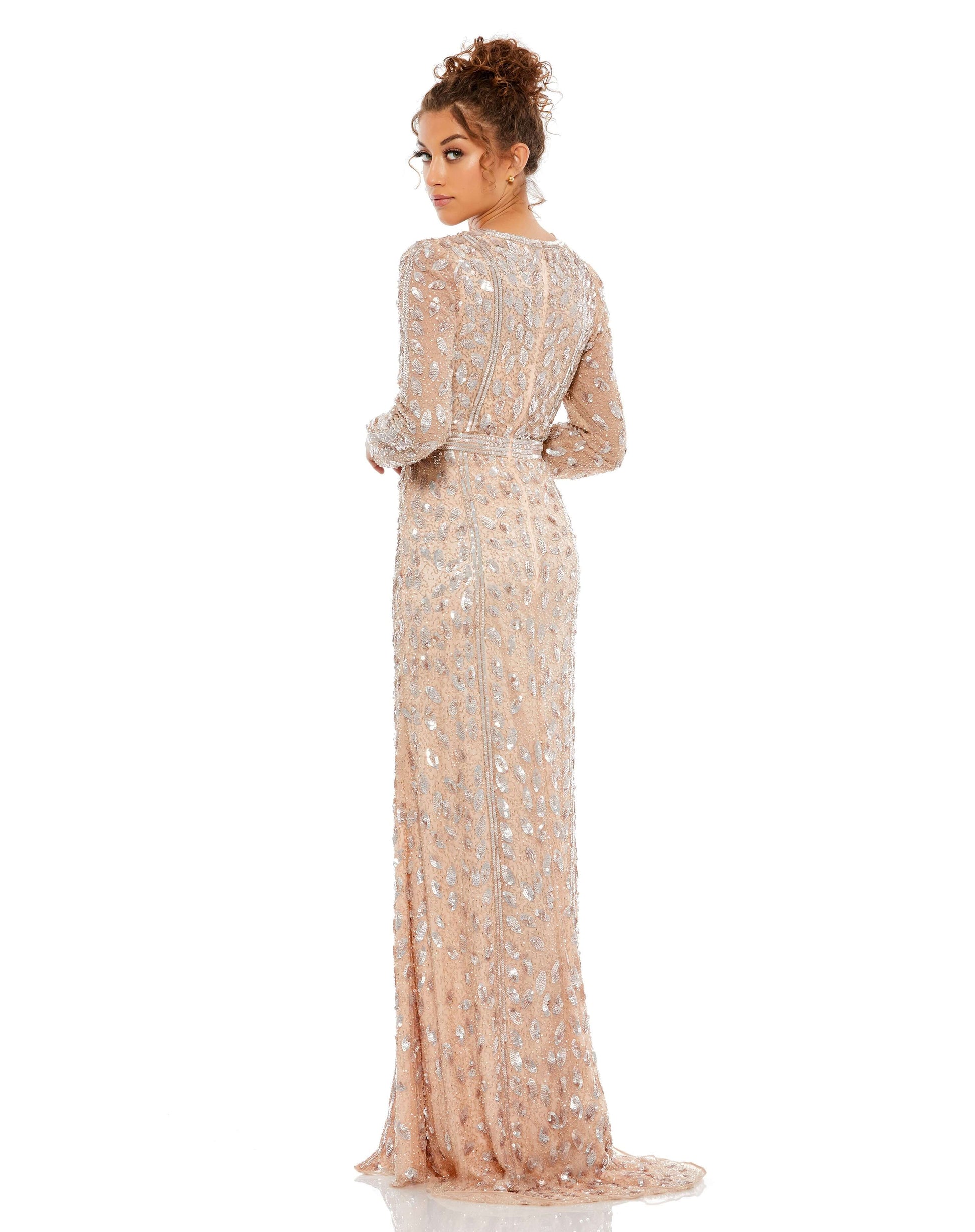 Mac Duggal Style#5002, Embellished Front Slit Long Sleeve Gown, Floor Length,long sleeve,Sequin,Sheath,Slit,V-Neck, $850.00