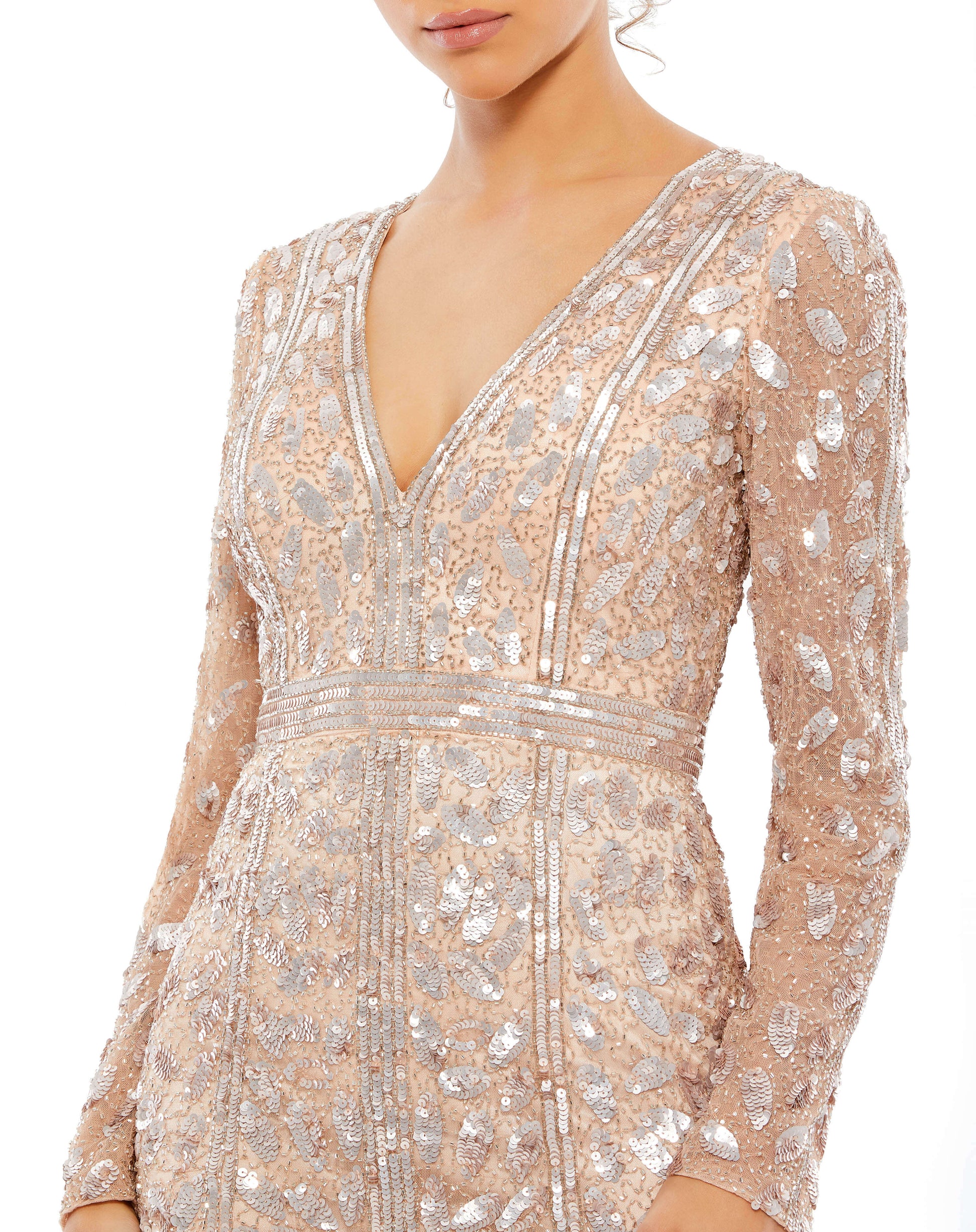 Mac Duggal Style#5002, Embellished Front Slit Long Sleeve Gown, Floor Length,long sleeve,Sequin,Sheath,Slit,V-Neck, $850.00