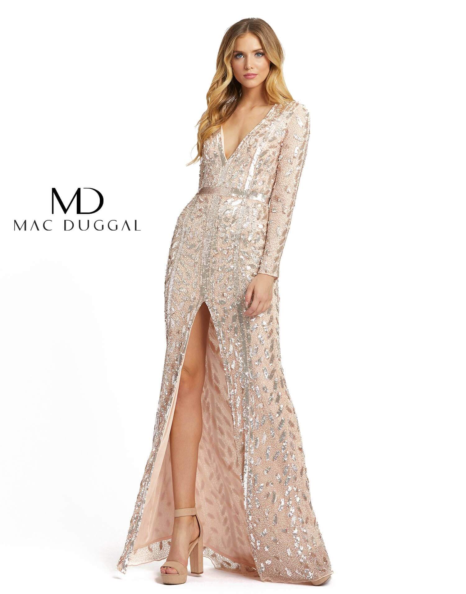 Mac Duggal Style#5002, Embellished Front Slit Long Sleeve Gown, Floor Length,long sleeve,Sequin,Sheath,Slit,V-Neck, $850.00