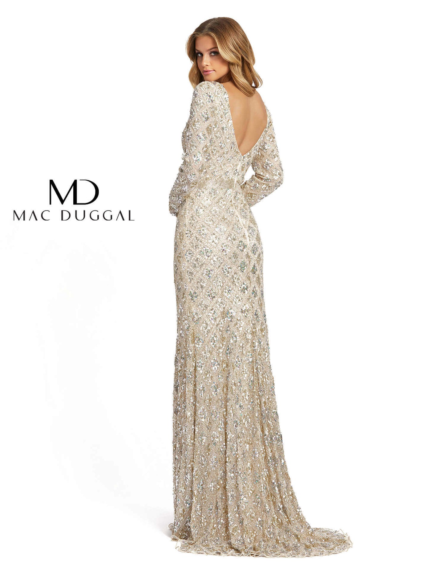 Mac Duggal Style#5021, Geometric Embellished Evening Gown, Floor Length,ivory,long sleeve,Sequin,Sheath,V-Neck, $850.00