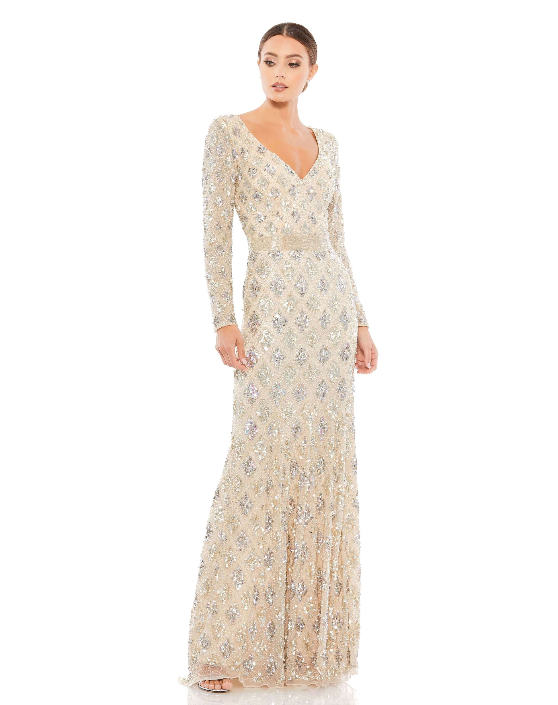 Mac Duggal Style#5021, Geometric Embellished Evening Gown, Floor Length,ivory,long sleeve,Sequin,Sheath,V-Neck, $850.00