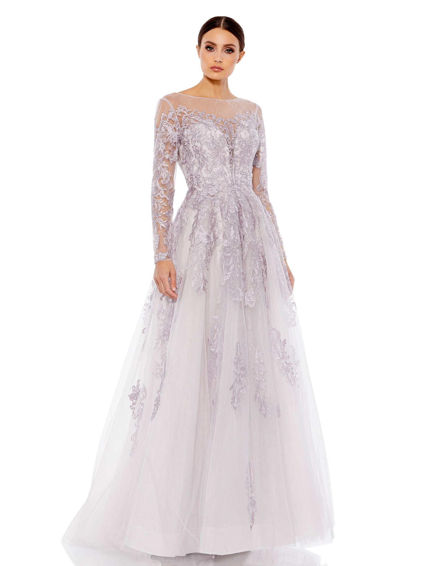 Mac Duggal Hand embellished tulle fabric (100% polyester) Partially lined bodice; fully lined skirt; semi-sheer unlined sleeves Illusion boat neckline Long sleeves Concealed back zipper Approx. 62.5" from top of shoulder to bottom hem Available in Lilac S