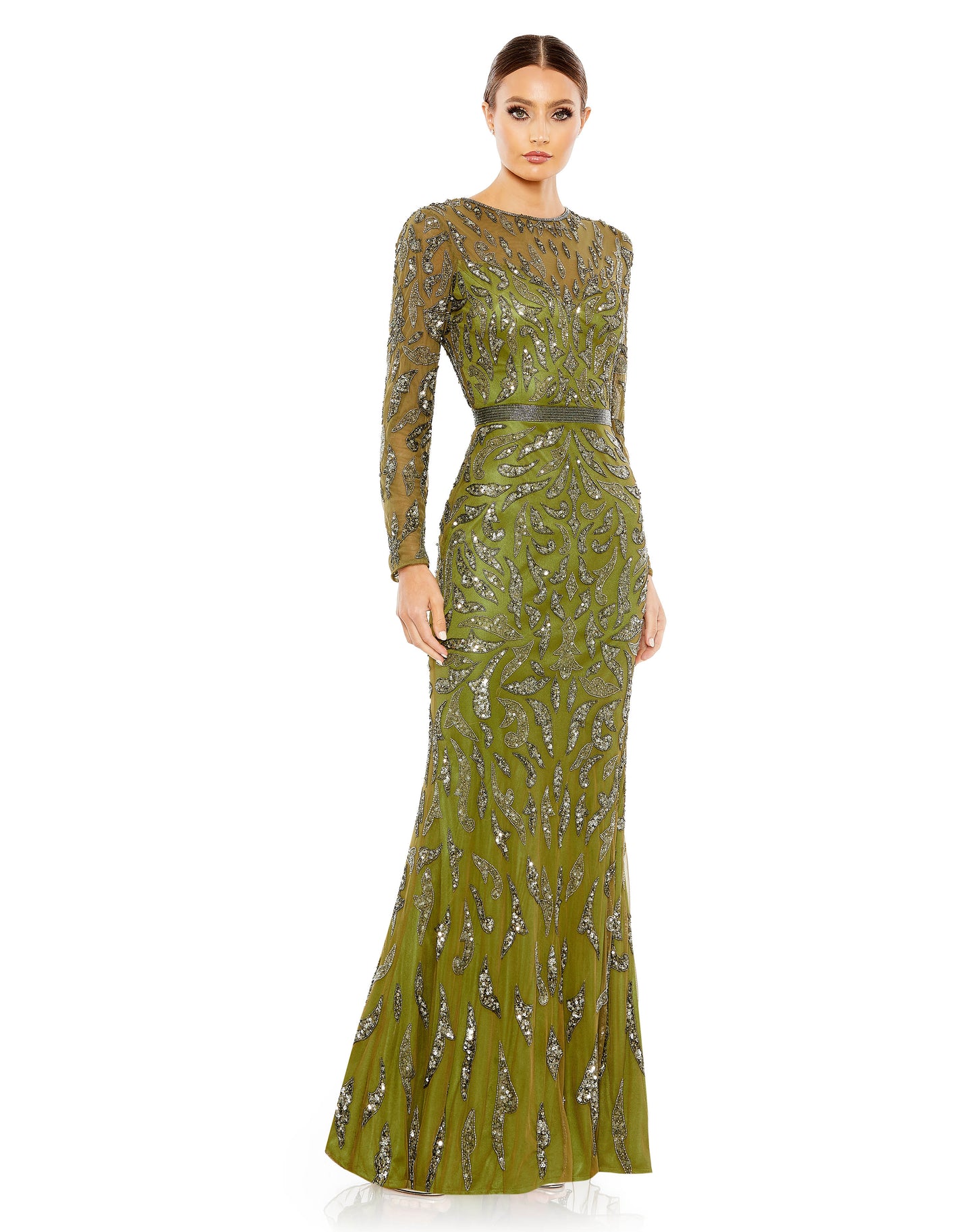 Fully-embellished long sleeve evening gown adorned with beads and sequins placed in an abstract pattern. Mac Duggal Back Zipper 100% Polyester Long Sleeve Floor Length High Neck Style #5124 Contact us to find out if we have your size Ready-to-Ship!