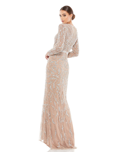 Fully-embellished long sleeve evening gown adorned with beads and sequins placed in an abstract pattern. Mac Duggal Back Zipper 100% Polyester Long Sleeve Floor Length High Neck Style #5124 Contact us to find out if we have your size Ready-to-Ship!