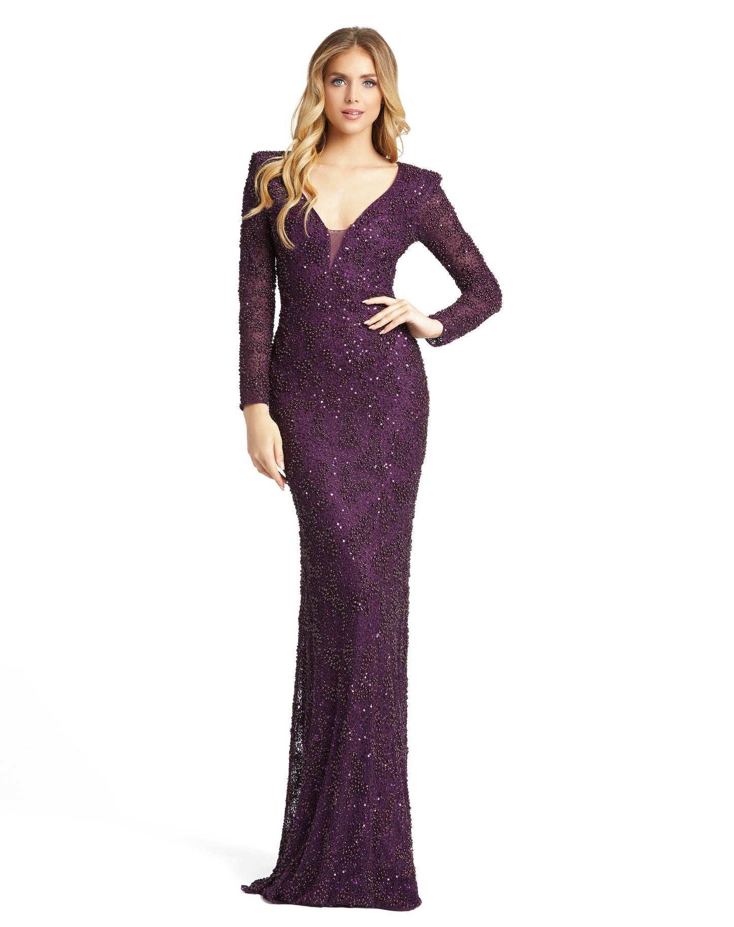 Mac Duggal Hand-beaded and sequined mesh overlay; 100% polyester lining Fully lined through bodice and skirt; semi-sheer unlined sleeves V-neckline Long sleeves Mesh bust inset Sweeping train Concealed back zipper Approx. 62.5" from top of shoulder to bot