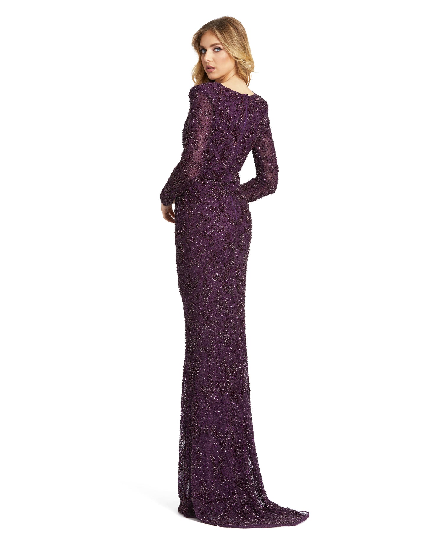Mac Duggal Hand-beaded and sequined mesh overlay; 100% polyester lining Fully lined through bodice and skirt; semi-sheer unlined sleeves V-neckline Long sleeves Mesh bust inset Sweeping train Concealed back zipper Approx. 62.5" from top of shoulder to bot