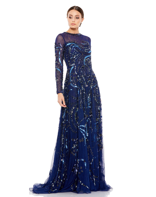 Elegant, fully-embellished long sleeve a-line gown with abstract-patterned sequins and beading throughout, finished with a sweeping train. Mac Duggal Back Zipper Partially Lined; Sheer Unlined Sleeves 100% Polyester Long Sleeve Full Length High Neckline S