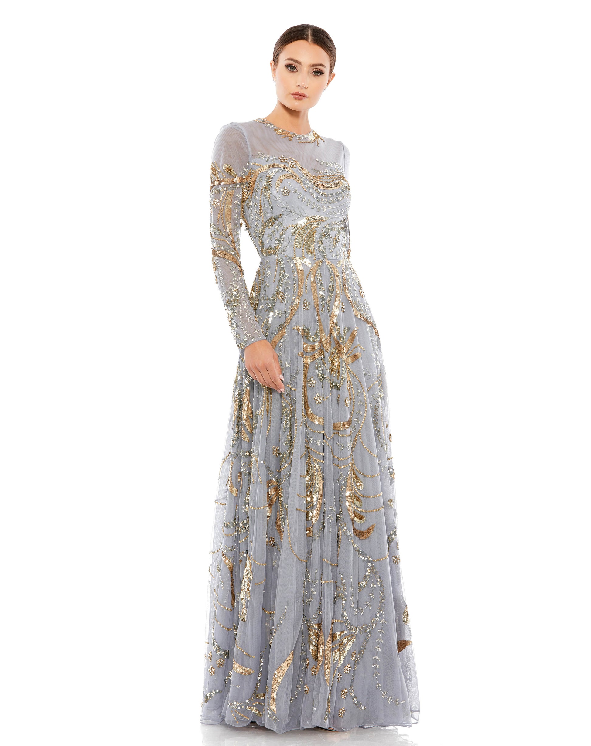 Embellished Illusion High Neck Long Sleeve A Line Gown – Elegant Threads