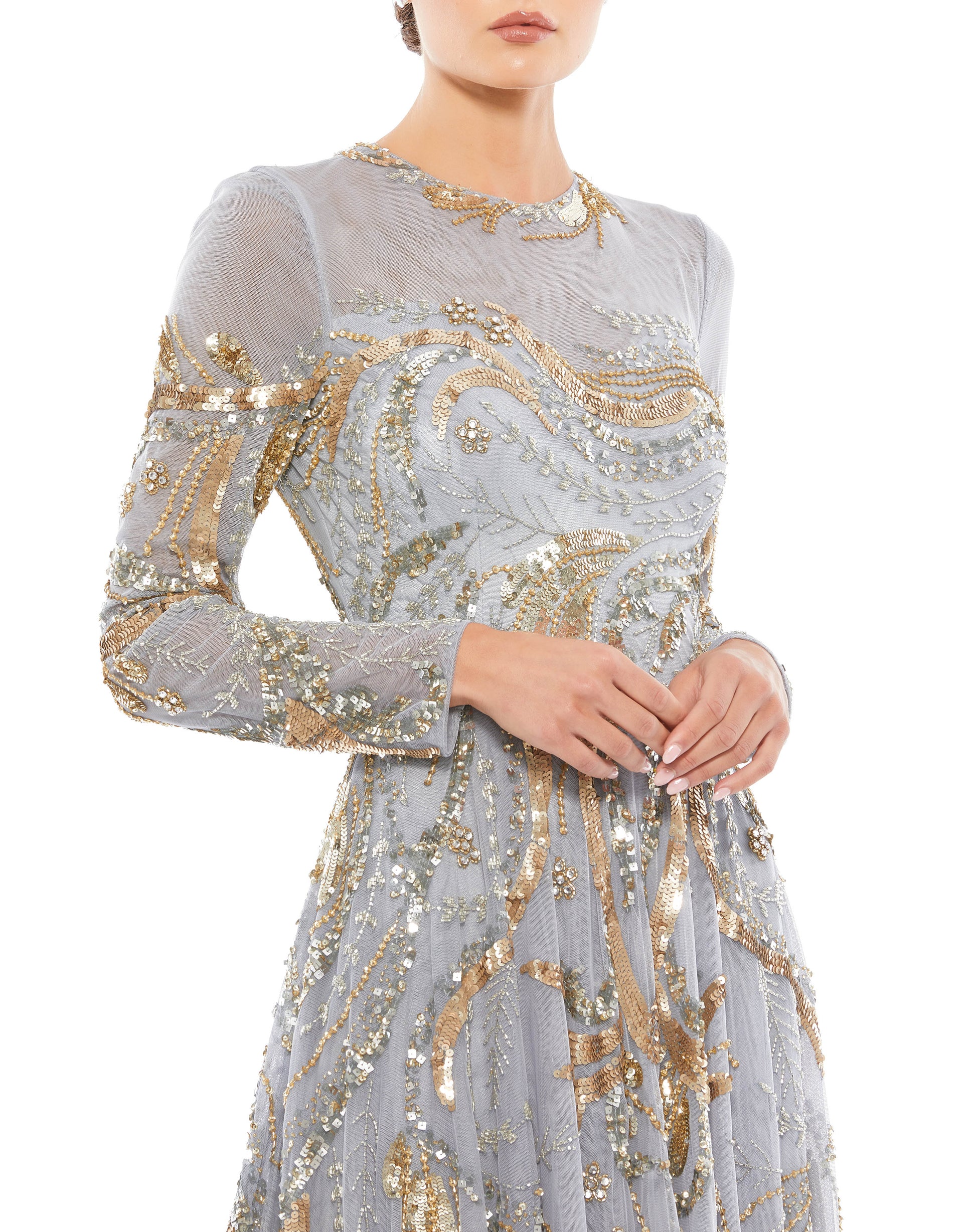 Embellished Illusion Long Sleeve Wrap Over A Line – Elegant Threads