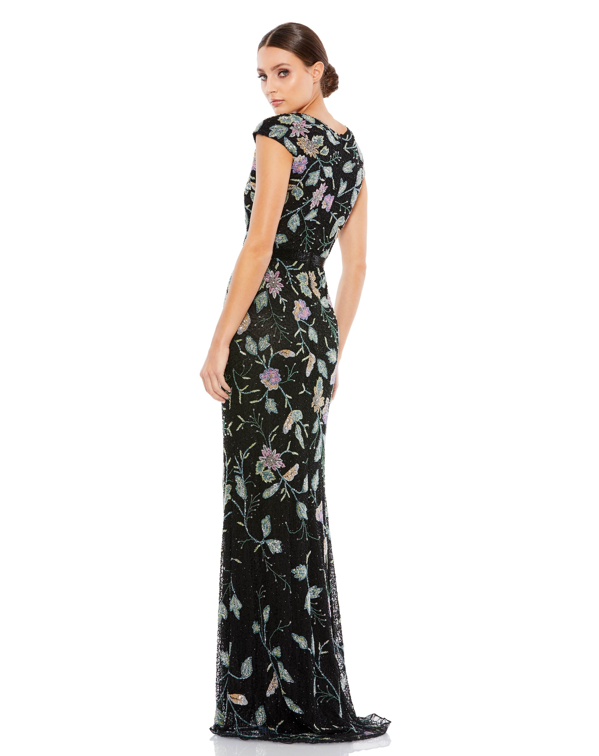 Stunning full-length floral beaded gown with cap sleeves, a high neckline, and a subtle train. The natural waist is accented with a hand-beaded belt. Mac Duggal Fully Lined Back Zipper 100% Polyester Cap Sleeve Maxi & Floor Length High Neck Style #5229