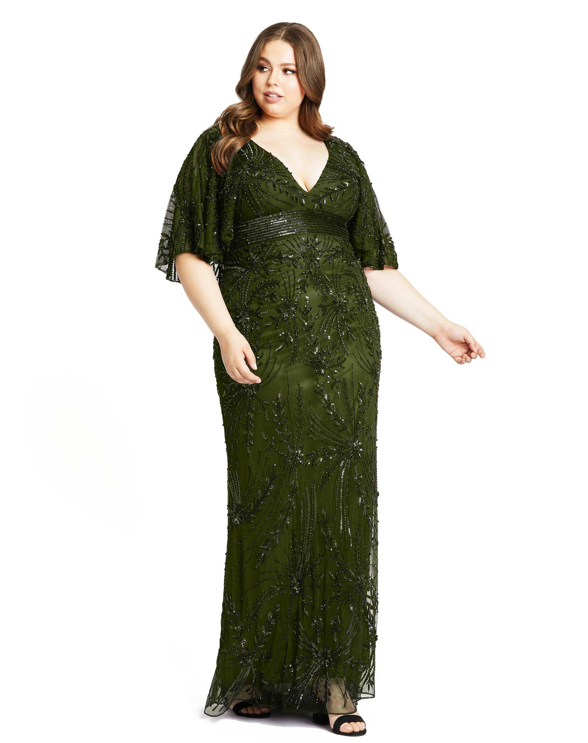 Vintage-inspired evening gown with flounce sleeves, intricate sequin detailing and sequined empire waist. Mac Duggal Fully Lined Back Zipper 100% Polyester Short Sleeve Full Length Plunging Neckline Style #5335