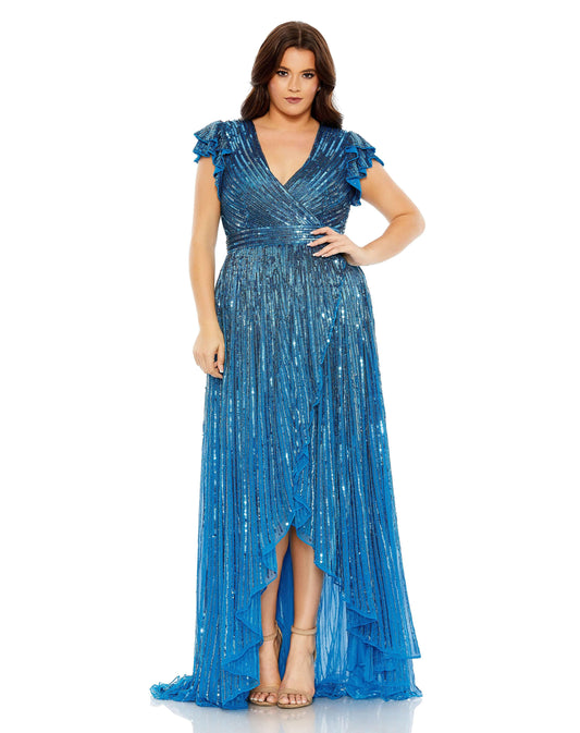 Mac Duggal Style#5355, Flutter Sleeve Gown, A line,Cap Sleeve,Curvy Girl,Floor Length,High Low,Sequin,V-Neck, $795.00