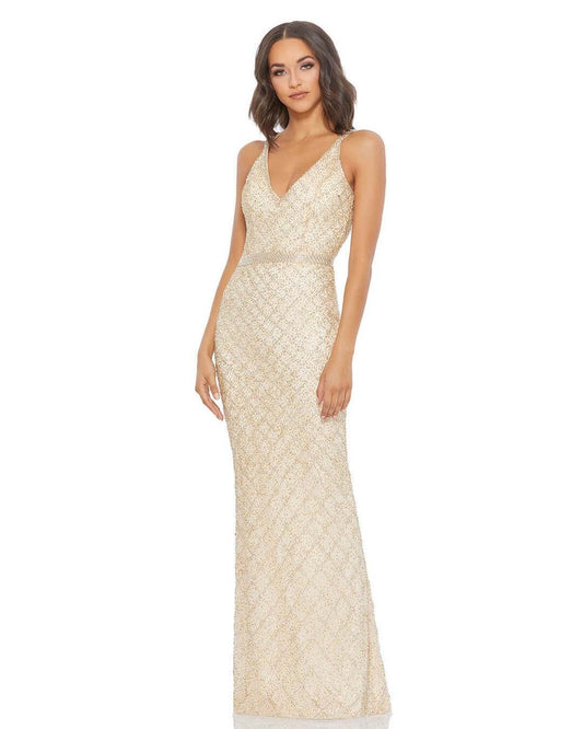 Mac Duggal Style#5374, Lattice Pattern Beaded Gown, beaded,Bridal,Cap Sleeve,Floor Length,Open Back,Sequin,Sheath,sleeveless,V-Neck, $750.00
