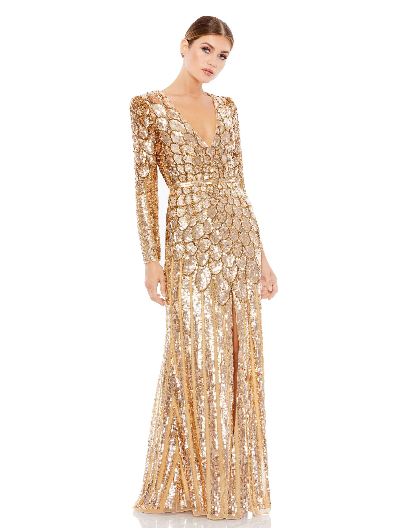 Mac Duggal Style#5382, Metallic Sequined Long Sleeve Gown, , $850.00